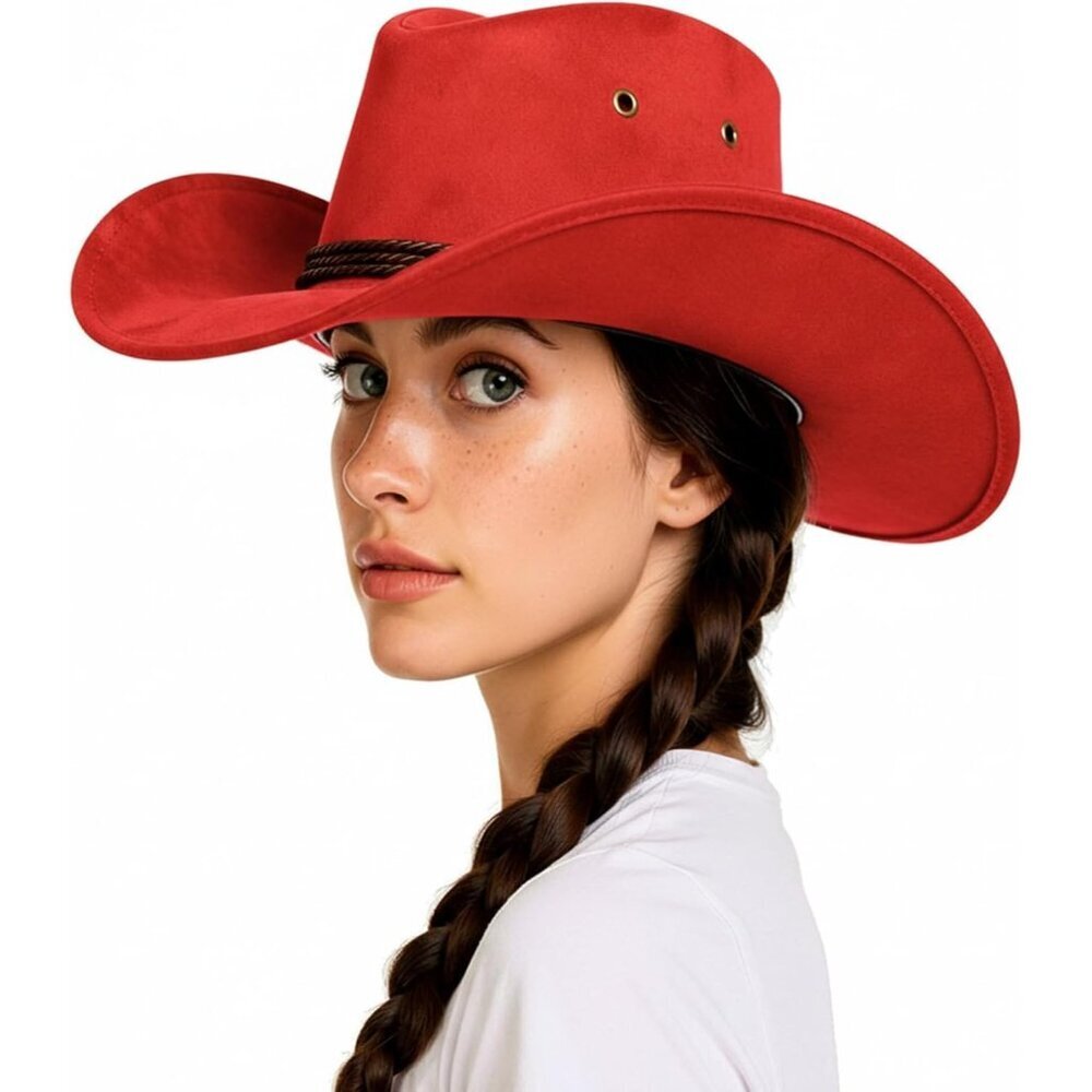 Men's Red Western Suede Wide Brim Braided Band Classic Fedora Cowboy Felt Hat